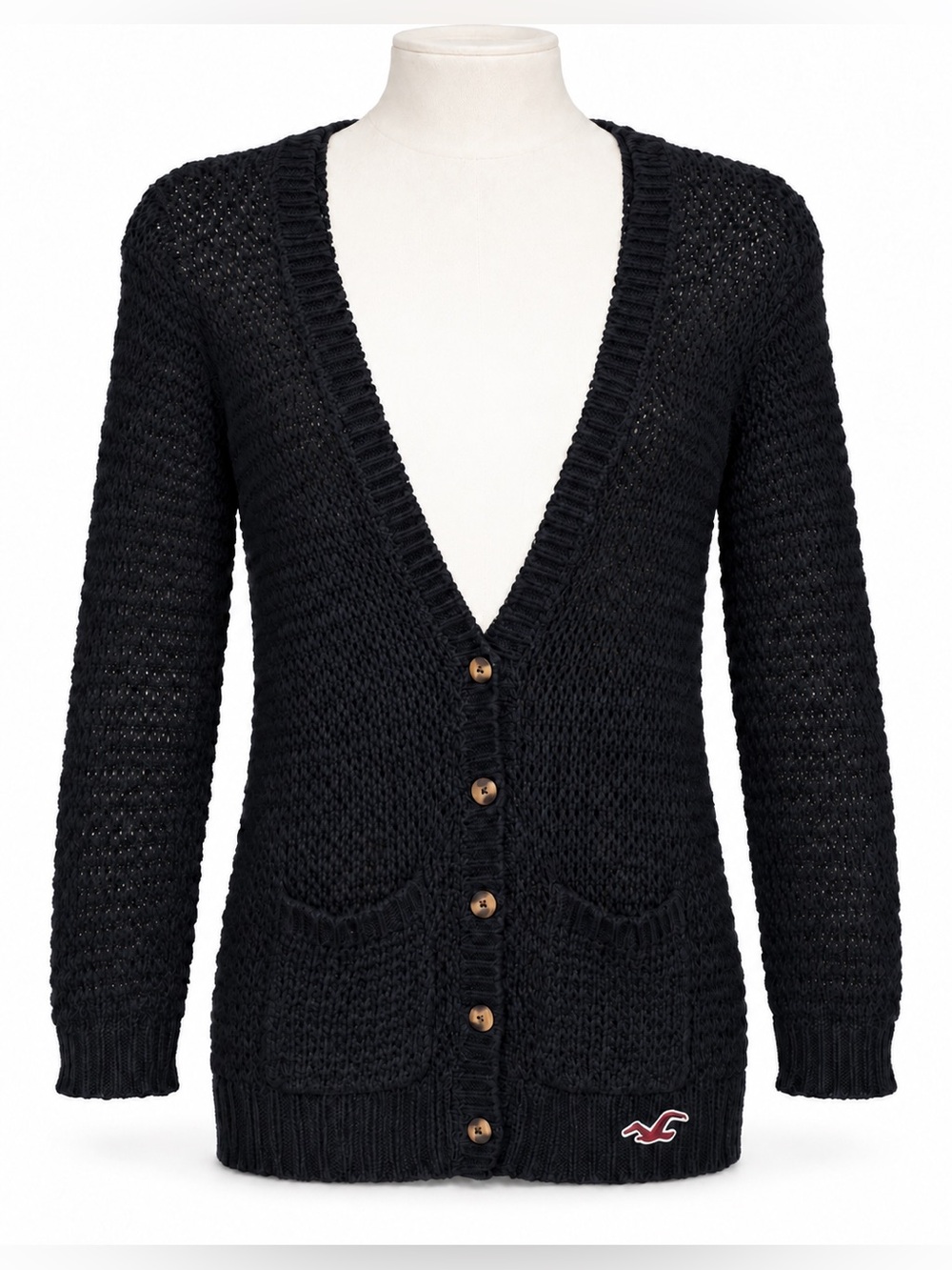Hollister Chunky Knit Button Front Cardigan, Small, Black Sweater by Abercrombie